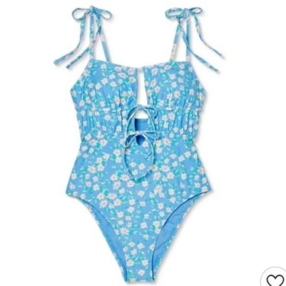 XHILARATION Juniors Cinch-Front Cut Out One Piece Swimsuit Blue Floral XS